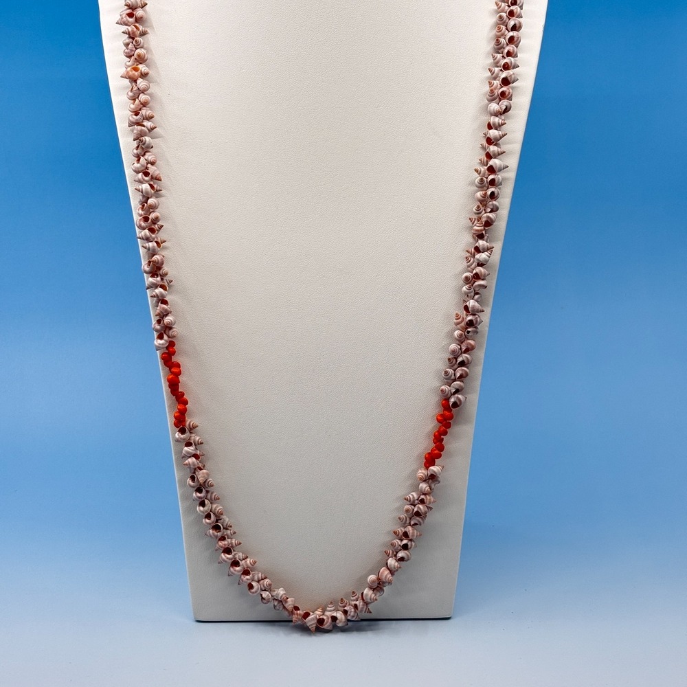 Pink Spiral Seashell Necklace Orange Beads Long Boho Coastal Statement Jewelry